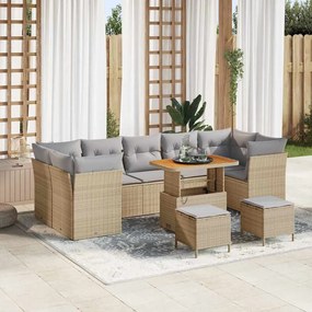 Conjunto de Sofá de Jardim de 10 Peças com Almofadas Bege Polirattan Acácia