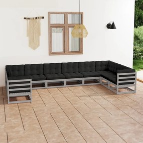 10pcs conjunto lounge de jardim + almofadões pinho maciço cinza