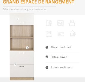 Aparador de cozinha com armário e vários compartimentos de arrumação: 2 gavetas, 1 armário + prateleira grande, 60 x 38 x 168 cm, MDF branco
