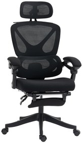 HOMCOM Cadeira de Escritório de Malha com Apoio para a Cabeça Suporte Lombar Apoio para os Pés Função de Inclinação 71x70x109-119 cm Preto