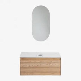 Conjunto De Móvel De Casa De Banho Suspenso 80x50 Cm Em Madeira De Freixo Tedrik Castanho Fresno & Sem Lavatório & Ovalado Com Armazenamento - Sklum