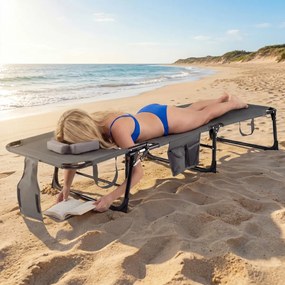 Espreguiçadeira dobrável para exterior, reclinável, com orifícios, apoio para o rosto, braços e encosto ajustável, bolsos, portátil, para praia e pisc