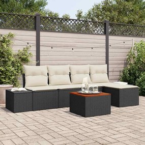 vidaXL Conjunto de Sofá de Jardim 6 Peças com Almofadas Preto Rattan Polímero Acácia