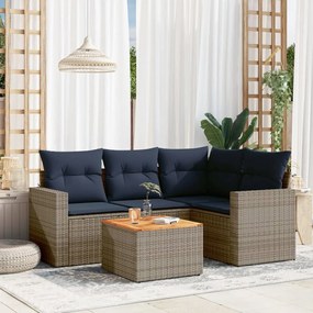 5 pcs conjunto sofás p/ jardim c/ almofadões vime PE cinzento
