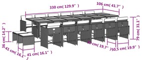 17 pcs conj. de jantar p/ jardim c/ almofadões vime PE cinzento