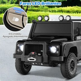 Jipe Land Rover Defender elétrico infantil 12V com comando à distância, suspensão completa, faróis e música para idades entre 3 e 8 anos, Preto