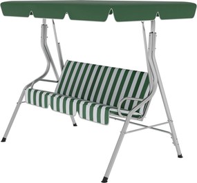 Baloiço de jardim de 3 lugares 170 C x 110 L x 153 A cm, baloiço de exterior com teto e inclinação ajustável, padrão às riscas, verde