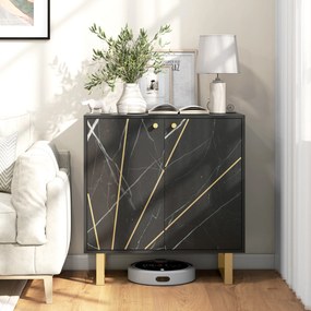 Aparador com 2 portas e prateleira ajustável, pés em metal, 76 x 35 x 77 cm, tom de mármore preto