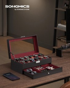 Caixa para relógios com 12 compartimentos e tampa de vidro 18,5 x 32,5 x 13,5 cm, forro interior em vermelho vinho, preta