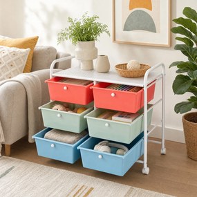Carrinho de Arrumação com 6 Gavetas, 64 x 38 x 66 cm, Rodas Giratórias com Travão, Multicolor