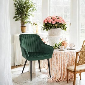 Cadeira de sala de jantar ou cozinha em veludo estofada com braços e pernas de metal verde-preto