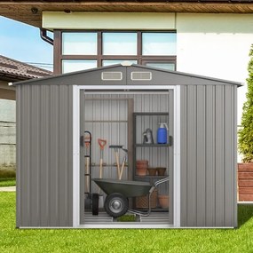 Abrigo de jardim Portas duplas e rampa para ferramentas 260 x 207 x 180 cm Cinzento escuro
