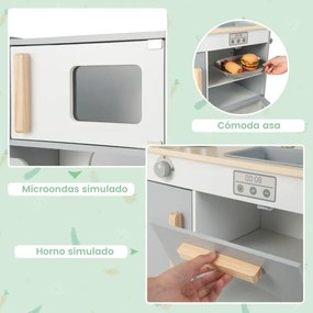 Cozinha e restaurante 2 em 1 para crianças de madeira 71 cm x 52 cm x 90 cm dupla face com torneira, lava-loiça e forno cinza