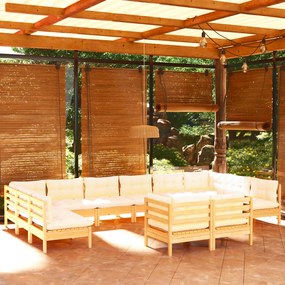 vidaXL 12 pcs conjunto lounge jardim c/ almofadões creme pinho maciço
