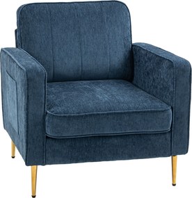 HOMCOM Poltrona em Tecido com Pés em Aço Dourado Grande Conforto Bolsos Laterais para Sala Escritório Quarto Azul | Aosom Portugal