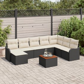 Conjunto de Sofás de Jardim de 9 Peças com Almofadas Preto Rattan Poli