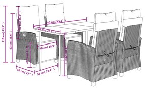 5 pcs conjunto de jantar p/ jardim c/ almofadões vime PE preto
