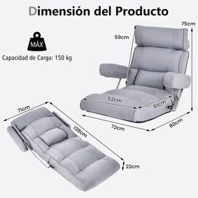 Sofá chão dobrável com encosto ajustável em 6 posições Encosto de cabeça/descanso lombar Cinzento
