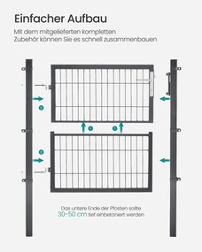 Portão de jardim com fechadura, 106 x 100 cm, em aço galvanizado cinzento