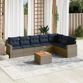 8 pcs conjunto sofás p/ jardim c/ almofadões vime PE cinzento