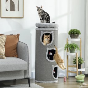Barril Arranhador para Gatos, 38 x 38 x 96 cm, Três Níveis com Plataforma, Cinzento