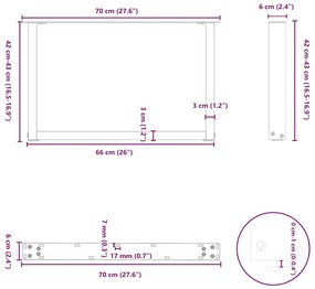 Pés para mesa de centro em formato de U, 2 peças, aço natural, 70x(42-