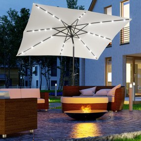 Chapéu de Sol com Luzes LED 268x205x248 cm Chapéu de Sol de Jardim Inclinável até 45° e Abertura a Manivela Creme