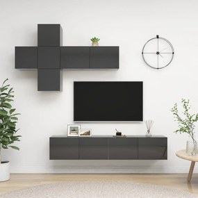 7 pcs conjunto de móveis de TV contraplacado cinzento brilhante