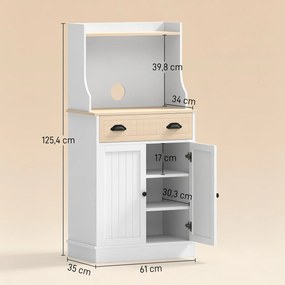 Armário de cozinha para micro-ondas com espaço aberto, 1 gaveta e armário de 2 portas, 61 x 35 x 125,4 cm, em branco e cor carvalho