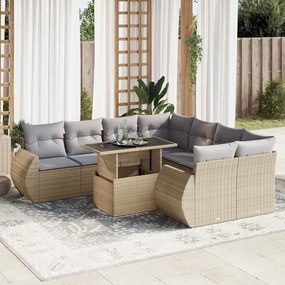 9 pcs conjunto de sofás p/ jardim com almofadões vime PE bege
