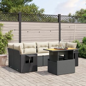 7 pcs conjunto de sofás p/ jardim c/ almofadões vime PE preto