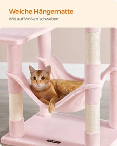 Arranhador Gatos para arranhar com 143 cm de altura com 2 plataformas e rede cor-de-rosa pastel
