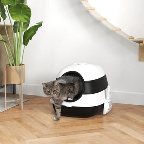 Caixa de areia para gatos dobrável com porta de batente e claraboia + pá incluída, preto e branco