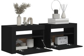 Mesas cabeceira c/ luzes LED 2 pcs 60x35x40 cm preto