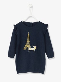 Oferta do IVA - Vestido para bebé em tricot com bordado cão azul-escuro