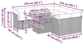 9 pcs conjunto de sofás p/ jardim c/ almofadões vime PE preto