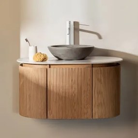 Conjunto De Móvel De Casa De Banho Suspenso Em Madeira Carsone Madeira Natural & Sem Unidade Auxiliar & Cimento Cinzento Redondo Ø40 Cm Tarsis - Sklum