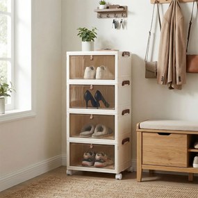 Caixa para sapatos dobrável de 4 níveis 39 × 27 × 85 cm, empilhável, com tampa, portas e rodas bloqueáveis, em plástico, para armário na entrada, sala