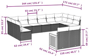 12 pcs conjunto de sofás jardim c/ almofadões vime PE cinzento