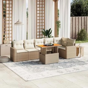 7 pcs conjunto de sofás p/ jardim com almofadões vime PE bege
