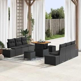 Conjunto de Sofá para Jardim vidaXL de 9 Peças com Almofadas Preto Rattan Poliéster Acácia