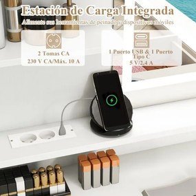 Toucador com espelho, luzes e estação de carregamento, 3 cores, brilho ajustável, gavetas e banco com espaço de armazenamento branco