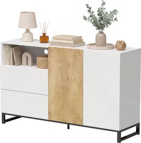Aparador de sala 140 (L) x 40 (P) x 85 (A) cm, móvel de arrumação com 2 portas com fecho suave, 2 gavetas e prateleira ajustável, branco e cor carvalh