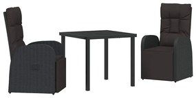 Cadeiras de Jardim Reclinadas 3 pcs Preto 80 x 80 x 73 cm