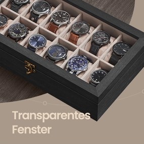 Caixa para relógios em madeira maciça 21 x 35 x 8,5 cm, com tampa de vidro e 12 compartimentos Preta