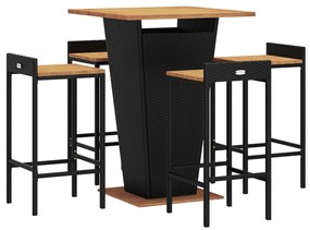 5 pcs conjunto de bar p/ jardim vime PE/acácia maciça preto