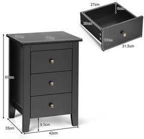 Mesa de cabeceira de madeira com 3 gavetas e estrutura estável - cinza