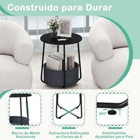 Mesa apoio, Mesa de cabeceira redonda 45 x 45 x 50,5 cm de 2 níveis com cesto de armazenamento em tecido pequena moderna Preta