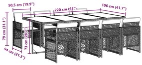 9 pcs conjunto jantar p/ jardim c/ almofadões vime PE castanho