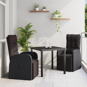 vidaXL Conjunto de Jantar de Jardim de 3 Peças com Almofadas Rattan Poliéster Preto